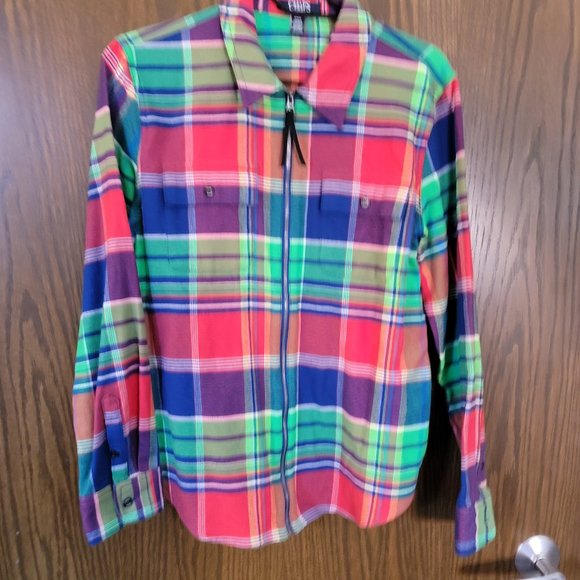 NWOT Chaps Ralph Lauren Plaid Zip Up Shacket Top Bold Colored Plaid Size Medium - Picture 6 of 16